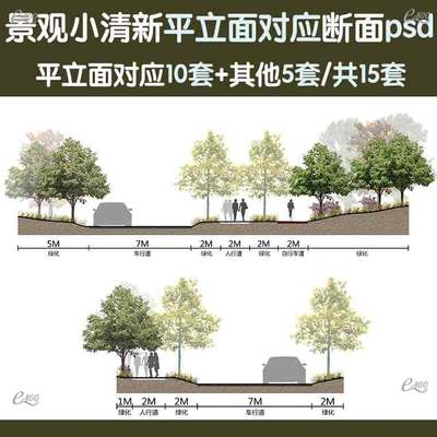 小清新景观道路街道横断面图psd平面立面剖面对应ps分层素材资料