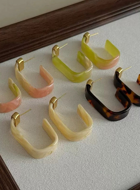 法式玳瑁风方形U 形耳环渐变树脂质感小众春夏显气质日常氛围耳饰
