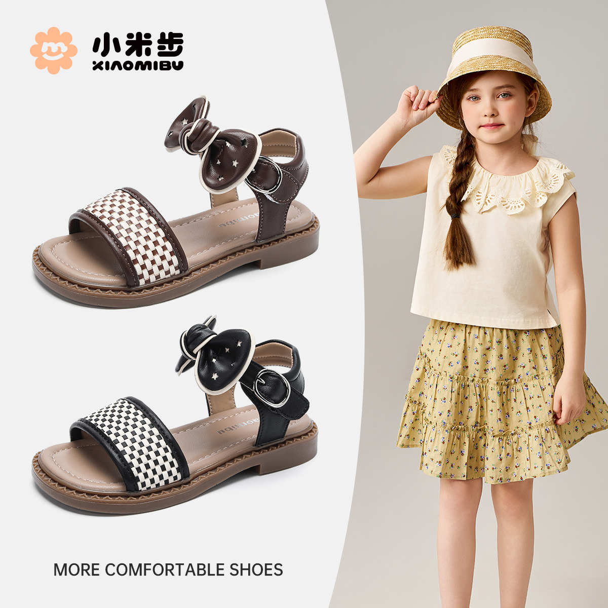 小米步女童凉鞋2025夏季新款蝴蝶结鞋子儿童休闲童鞋公主鞋中大童