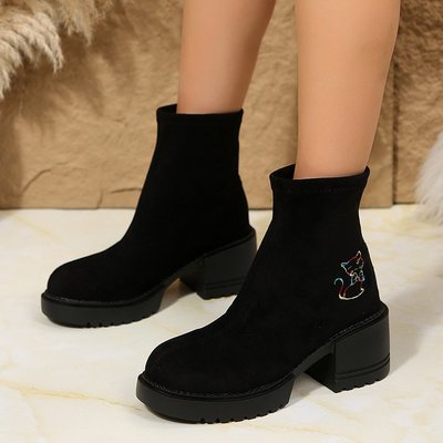 2025冬季新款女鞋套筒粗跟橡胶牛反绒磨砂皮绒面时装靴202