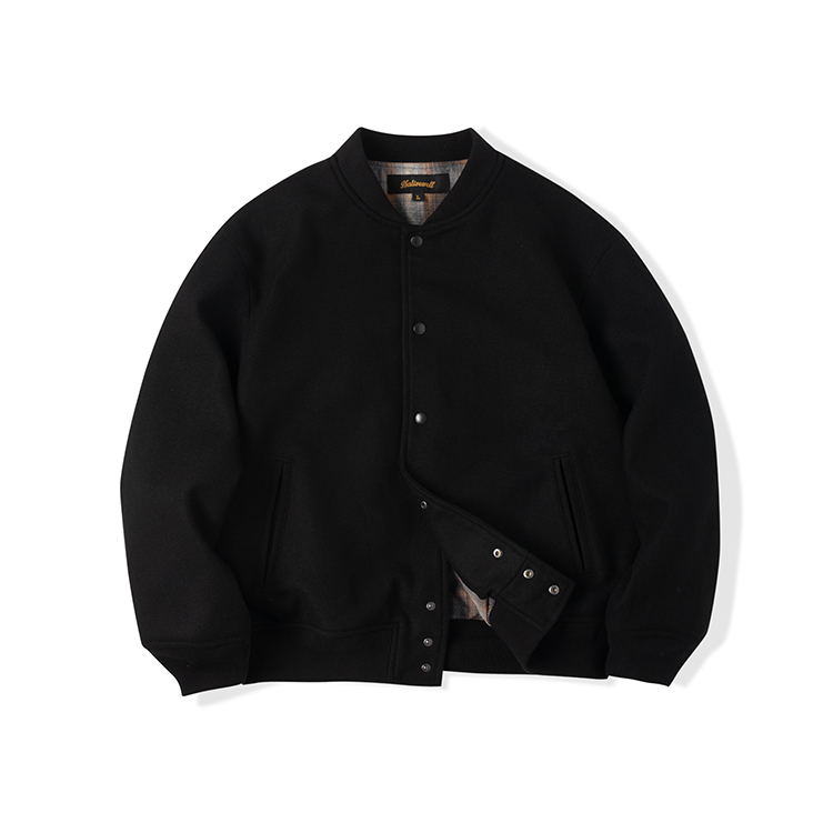 33oz NATIVEWELL宽松羊毛棒球夹克经典黑色编织纹理厚格纹里