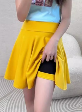 半身裙女黄色百褶裙高腰松紧太阳裙广场舞伞裙跳舞a字裙运动短裙