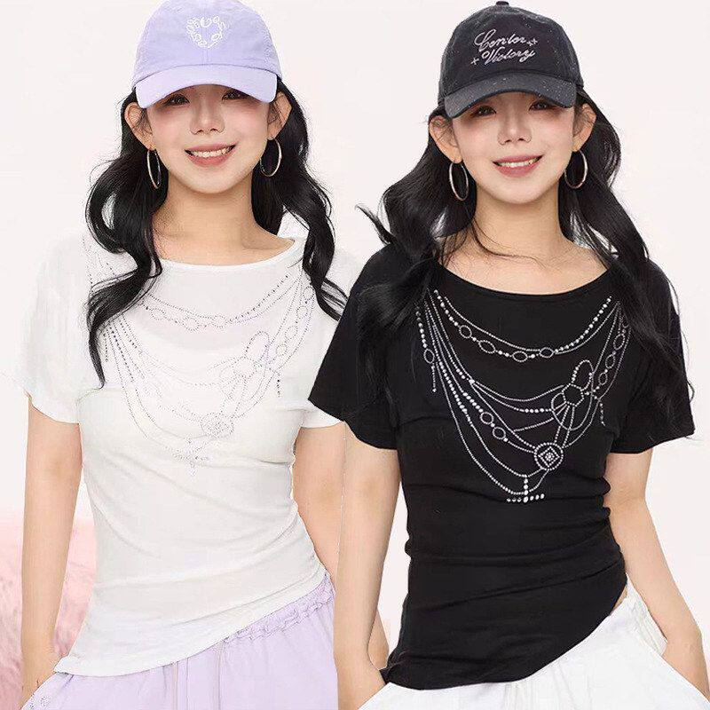 夏季新款短袖运动休闲舞蹈服广场舞上衣女士蝙蝠衫烫钻项链款T恤