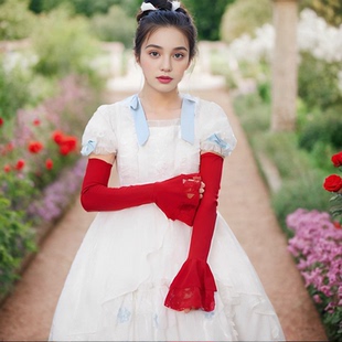 袖套网纱蕾丝半透明时尚装饰手臂护袖新娘红色婚纱袖荷叶边假袖子