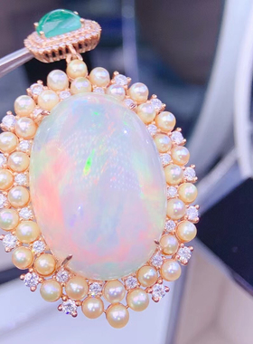 18k金镶嵌天然白欧泊戒指吊坠女款情人节生日礼物项链45.9克拉