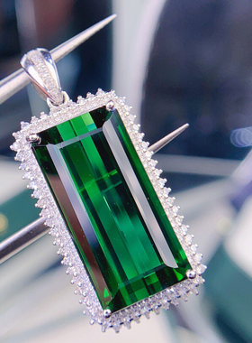 18k金镶嵌天然全净体电光绿碧玺吊坠两用款男女款项链18.93克拉