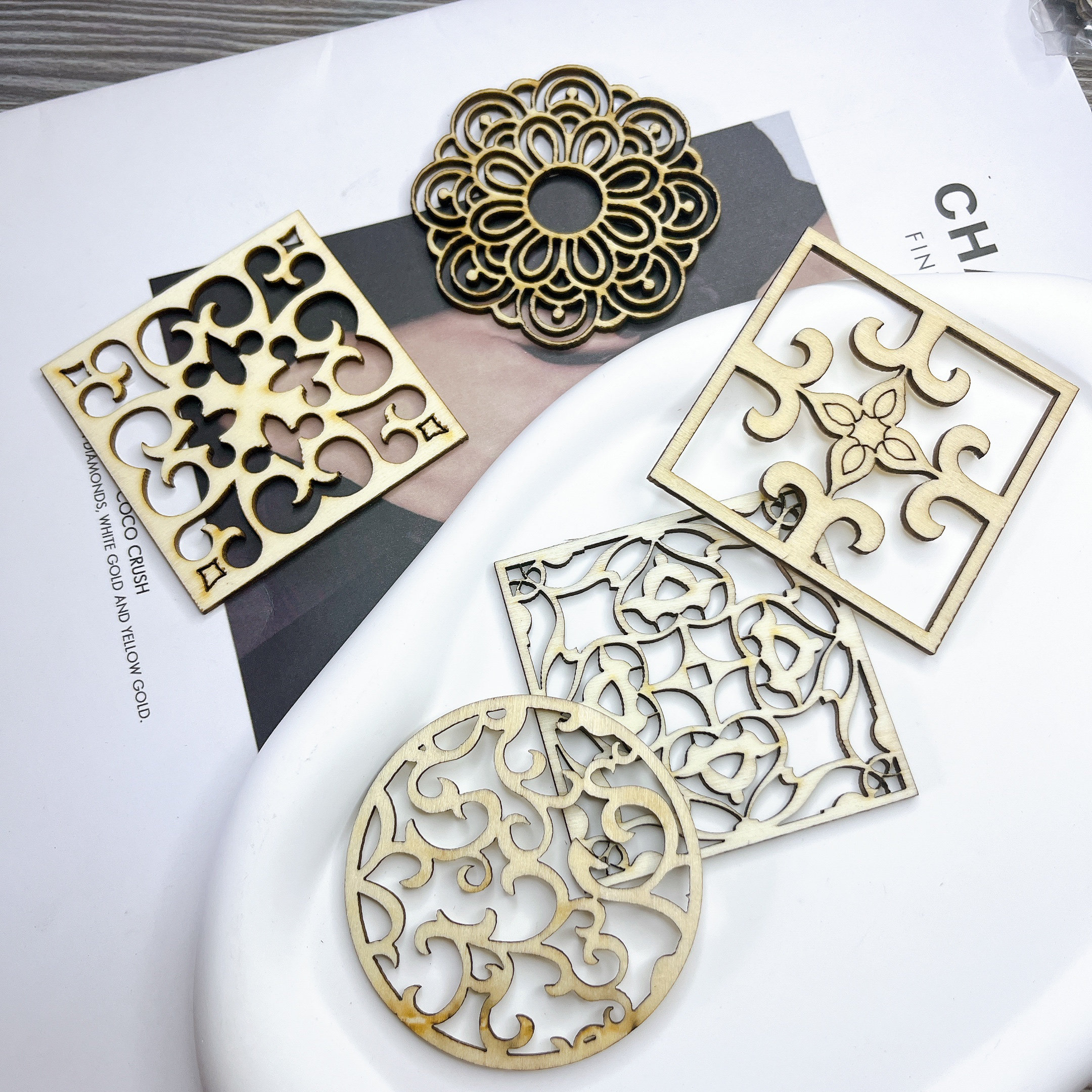 木质镂空花窗5件套/艺术垃圾杂志手帐素材配件