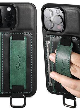 适用于iPhone 14 15 Pro Max Case Card Holder Bacelet Cover苹果15plus/12/13mini/11promax插卡腕带手机壳