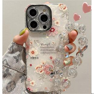 适用夏日超仙苹果15花朵手链保护壳iphone 15 14 13 12 pro max flower case with lens protrctor闪粉镜头膜
