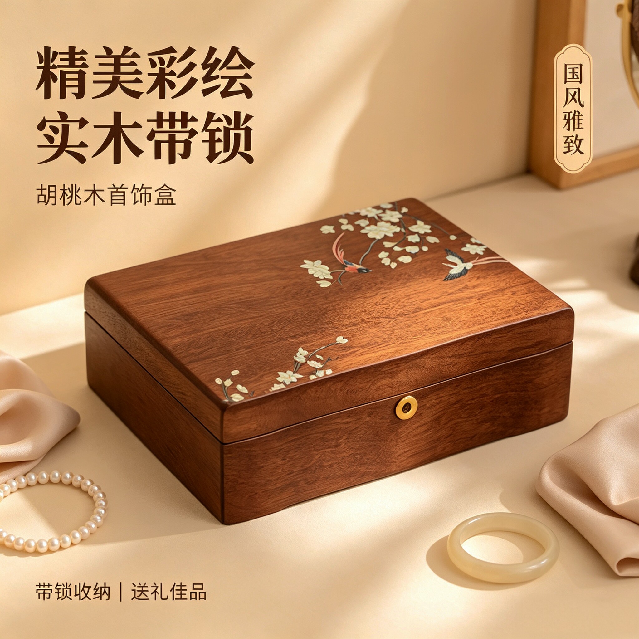 实木首饰盒中国风珠宝首饰收纳盒带锁女生送礼饰品盒新婚结婚礼物
