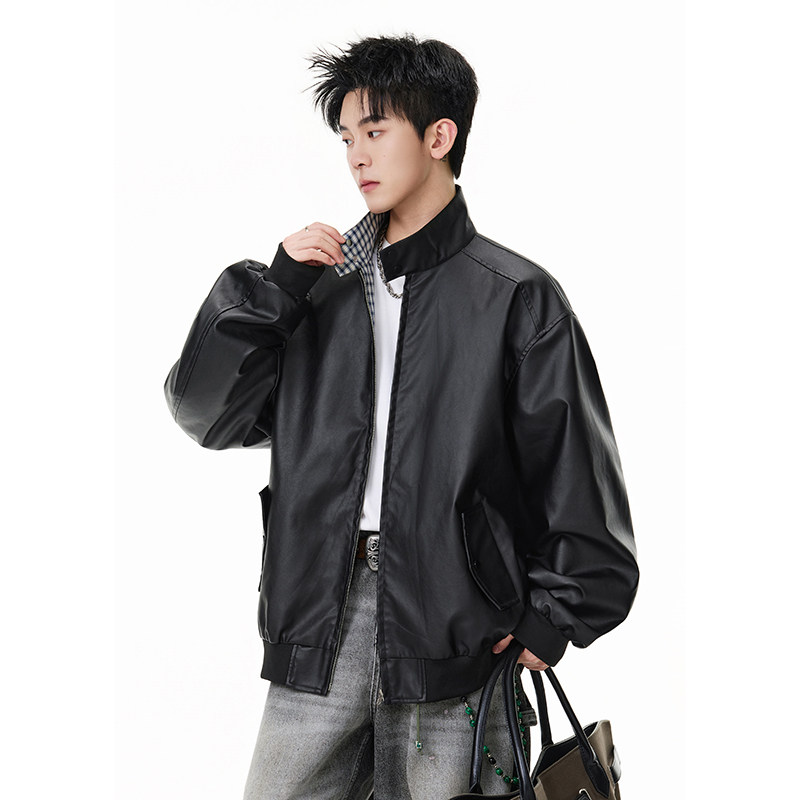 A410-WT34780-P110限价169-美式格纹撞色立领夹克-290G皮料，男装夹克，电商A410