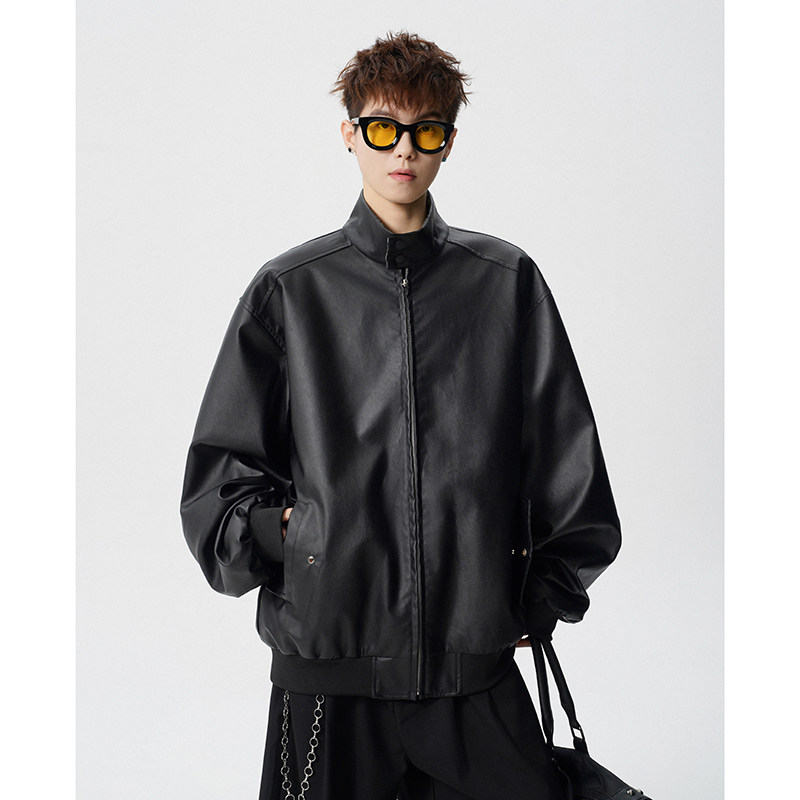 A410-WT34780-P110限价169-美式格纹撞色立领夹克-290G皮料，男装夹克，电商A410