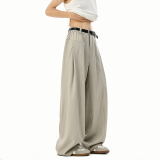 卡其色西裤男款春秋季美式解构拼接冰丝垂坠感阔腿弯刀休闲长裤子，男装休闲裤，电商A410