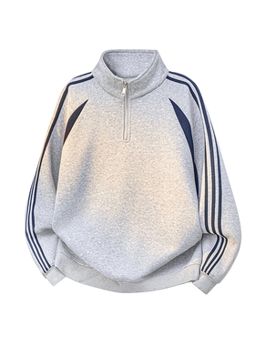 A410-WT34748-P85限价129-条纹撞色半拉链立领卫衣-400G  华棉