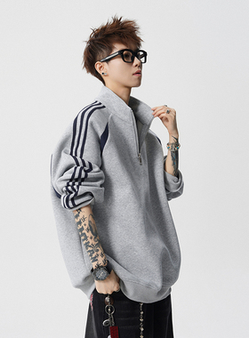 A410-WT34748-P85限价129-条纹撞色半拉链立领卫衣-400G  华棉