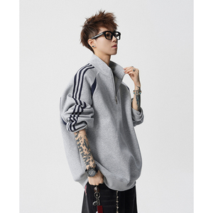 A410-WT34748-P85限价129-条纹撞色半拉链立领卫衣-400G 华棉，男装卫衣，电商A410