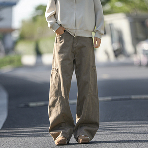咖色工装牛仔裤男冬季加绒美式复古宽松直筒裤春秋潮牌大码拖地裤