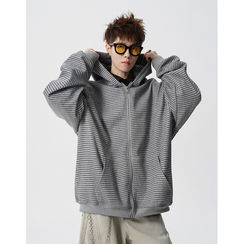 A410-WT34737-P90限价139-复古条纹连帽开衫卫衣，男装卫衣，电商A410