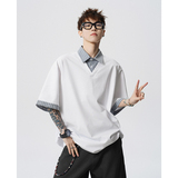 A410-T62012-P55限价99-格纹假两件翻领拼接短袖-230G索罗娜，男装T恤，电商A410