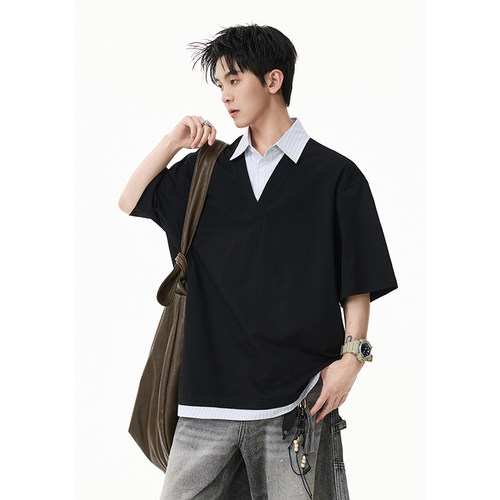 A410-T61019-P60限价109-美式条纹拼接假两件短袖-240G  索罗娜