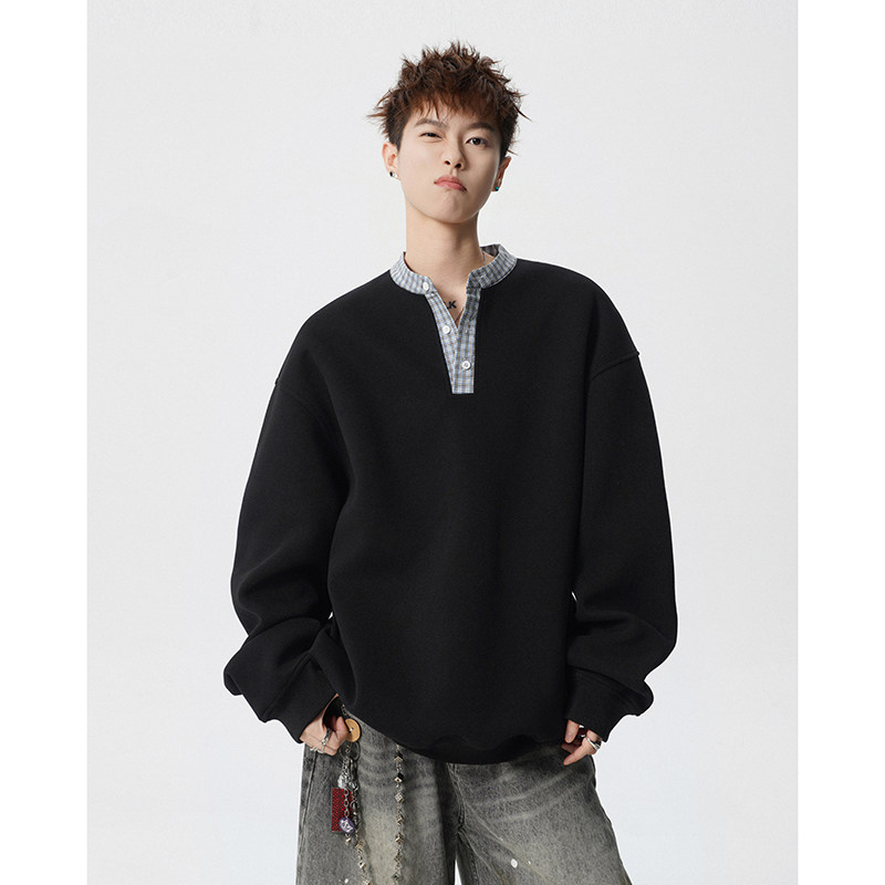 A410-A34731-P65限价99-美式复古格纹拼接圆领卫衣-400G华棉，男装卫衣，电商A410