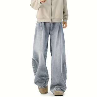 美式 P65限价99 复古褶皱阔腿牛仔裤 320g 面料 A410 牛仔裤 K8384