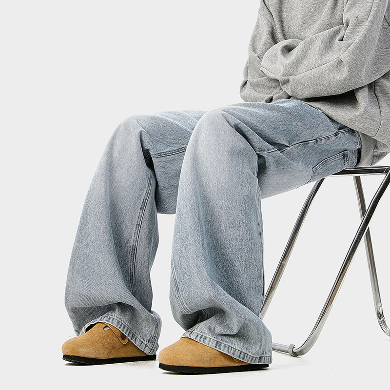 A410-K8384-P65限价99-美式复古褶皱阔腿牛仔裤-320g牛仔裤面料，男装牛仔裤，电商A410