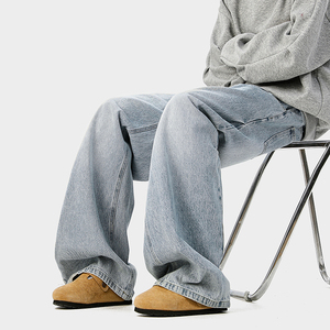 A410-K8384-P65限价99-美式复古褶皱阔腿牛仔裤-320g 牛仔裤面料，男装牛仔裤，电商A410