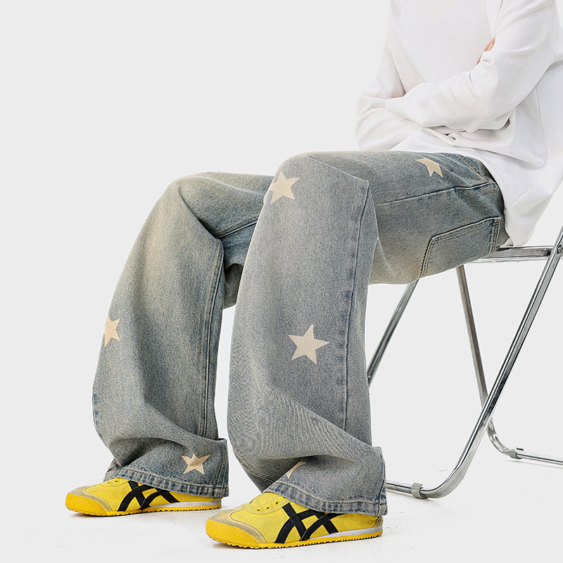 A410-K5543-P65限价99美式复古星星印花牛仔裤-300g左右牛仔面料，男装牛仔裤，电商A410