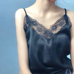 V領(lǐng)睫毛蕾絲拼接真絲性感絲綢吊帶背心內(nèi)搭女上衣外穿 歐洲站新款