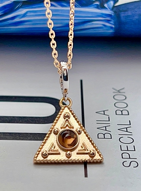 FADOOOJ原创设计925银茶晶三角形吊坠长项链毛衣链金色复古几何