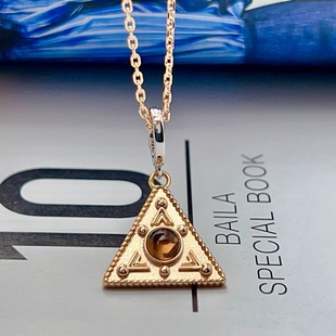 FADOOOJ原创设计925银茶晶三角形吊坠长项链毛衣链金色复古几何