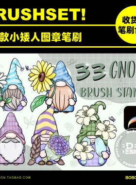 33款Procreate可爱卡通小矮人花朵图章笔刷iPad手绘插画设计素材