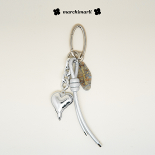marchimarli原创皮质银色爱心形状包包挂件钥匙扣书包挂饰女