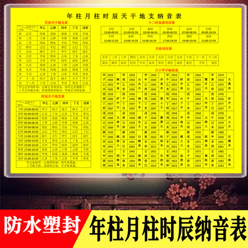 防水塑年柱月柱日柱天干地支纳音表生辰八字时辰表查询表
