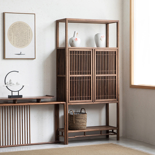 新中式多宝阁置物架老榆木 博古架实木博物架茶室 落地摆件架子