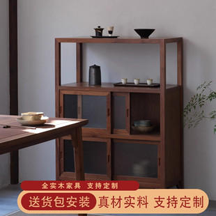 边柜落地储物 画墨黑胡桃木茶柜茶室茶桌边柜客厅靠墙展示柜新中式