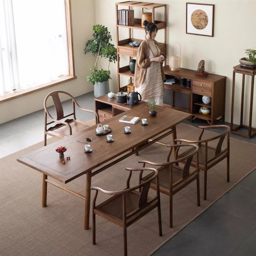 新中式茶桌黑胡桃原木茶台茶几简约禅意长方形实木泡茶桌子