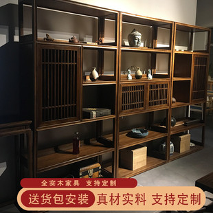 新中式多宝阁置物架老榆木 博古架实木博物架茶室 落地摆件架子