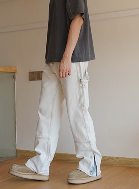 重水洗复古宽松直筒喇叭裤脚拉链vibe牛仔微喇裤伞兵工装长裤