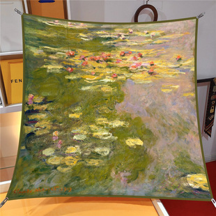 90cm新款 饰披肩大方巾头巾领巾挂画围巾 莫奈油画系列绿睡莲女士装