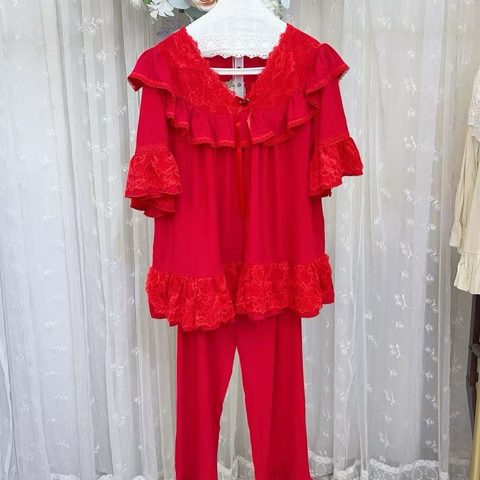 新年大码睡衣莫代尔新年红色V领半袖长裤宫廷风套装显瘦蕾丝仙仙