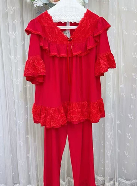 新年大码睡衣莫代尔新年红色V领半袖长裤宫廷风套装显瘦蕾丝仙仙
