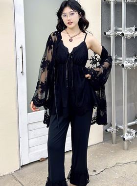 法式宫廷风仙仙黑色刺绣网纱莫代尔三件套宫廷风仙仙家居服睡衣