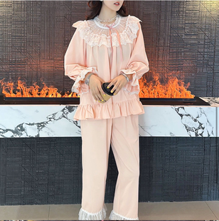 大码睡衣女秋冬胖MM 桔粉色蕾丝长衣长裤冰瓷棉莫代尔宫廷风套装
