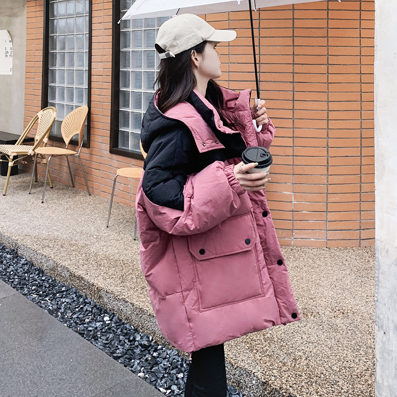 高级感撞色拼接中长款羽绒服女冬2024新款加厚保暖爆款白鸭绒外套,女装羽绒服,浙宝265