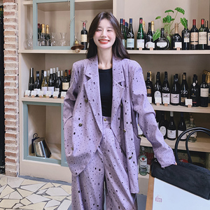 镂空紫色西装套装女春秋高级感搭配一整套西服两件套盐系又a又飒图片
