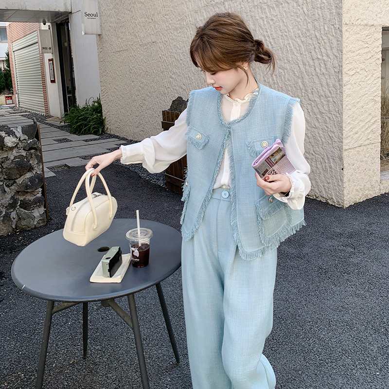 蓝色小香风套装女开春2025超火韩剧穿搭气质高级感马甲长裤三件套，女装套装/套裙，浙宝265