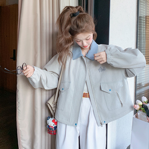 浅蓝色韩系学院风撞色拼接翻领外套女2025春新款休闲时尚宽松上衣图片