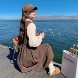 咖色灯芯绒连衣裙两件套女2023秋季新款法式高级感超好看套装裙子，女装连衣裙，浙宝265